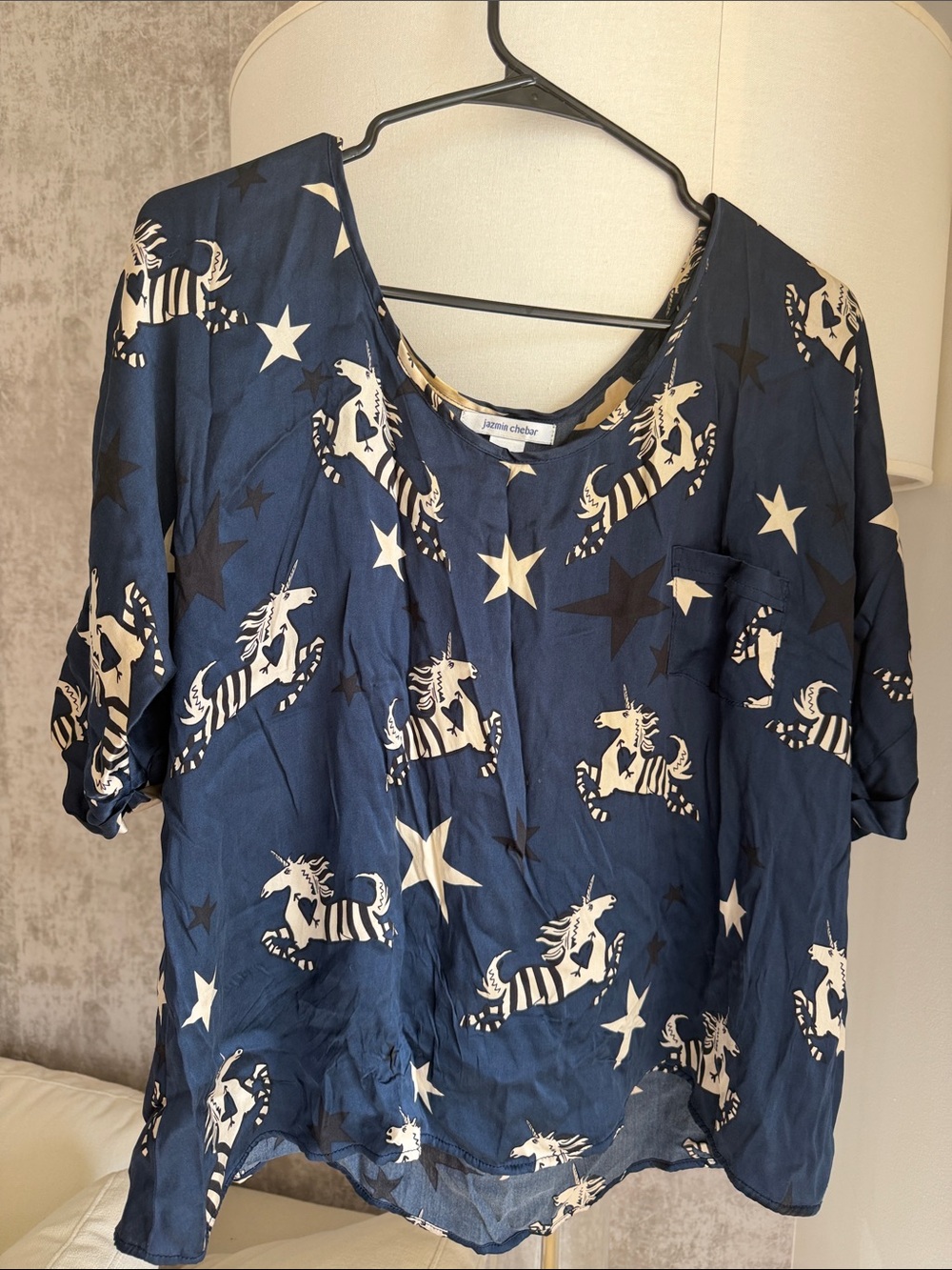 Jigsaw Navy Blouse with Cream Unicorn & Star Motif